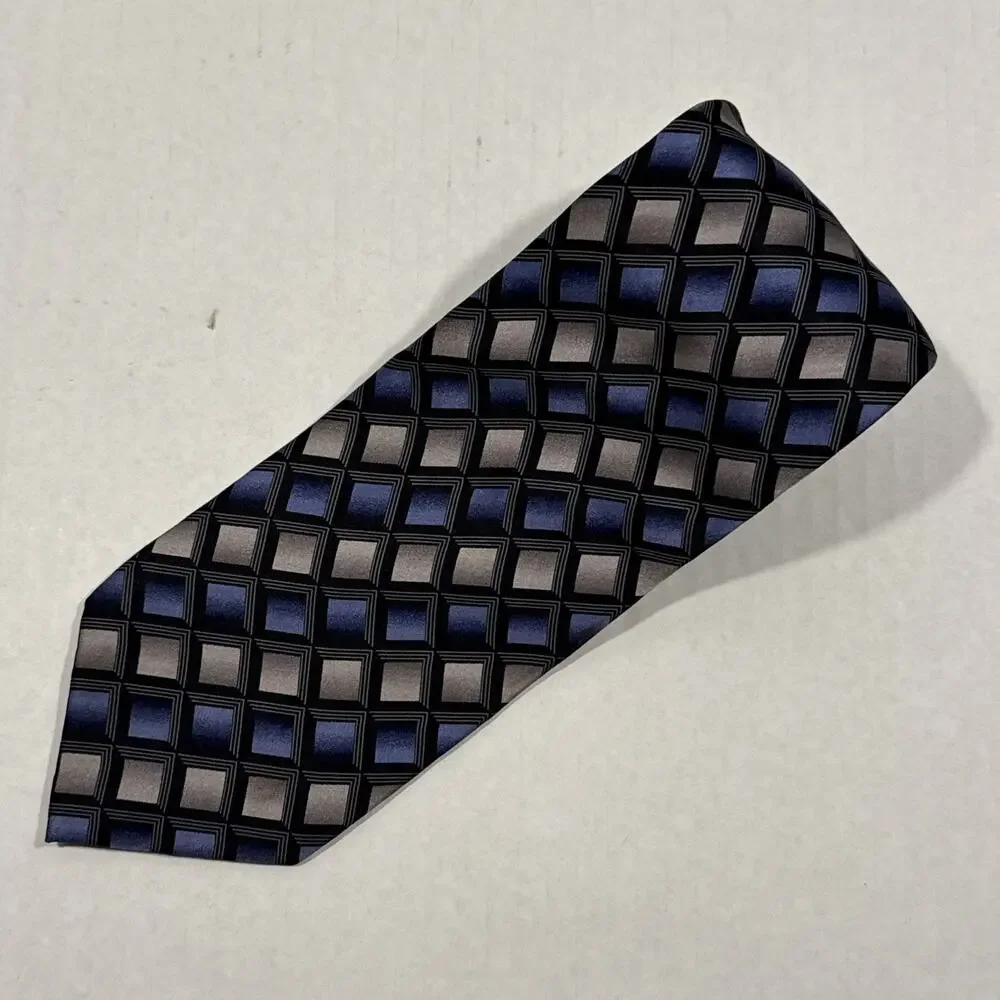 Giorgio Brutini Long Silk Tie Black Blue Gray Geometric Men Foulard Necktie 62x4